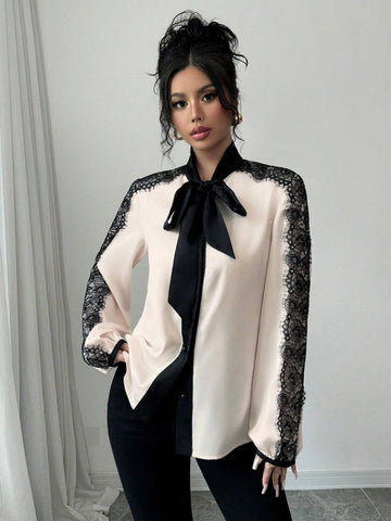 Elenzya Women's Elegant Colorblock Lace Trim Tie Neck Blouse For Autumn