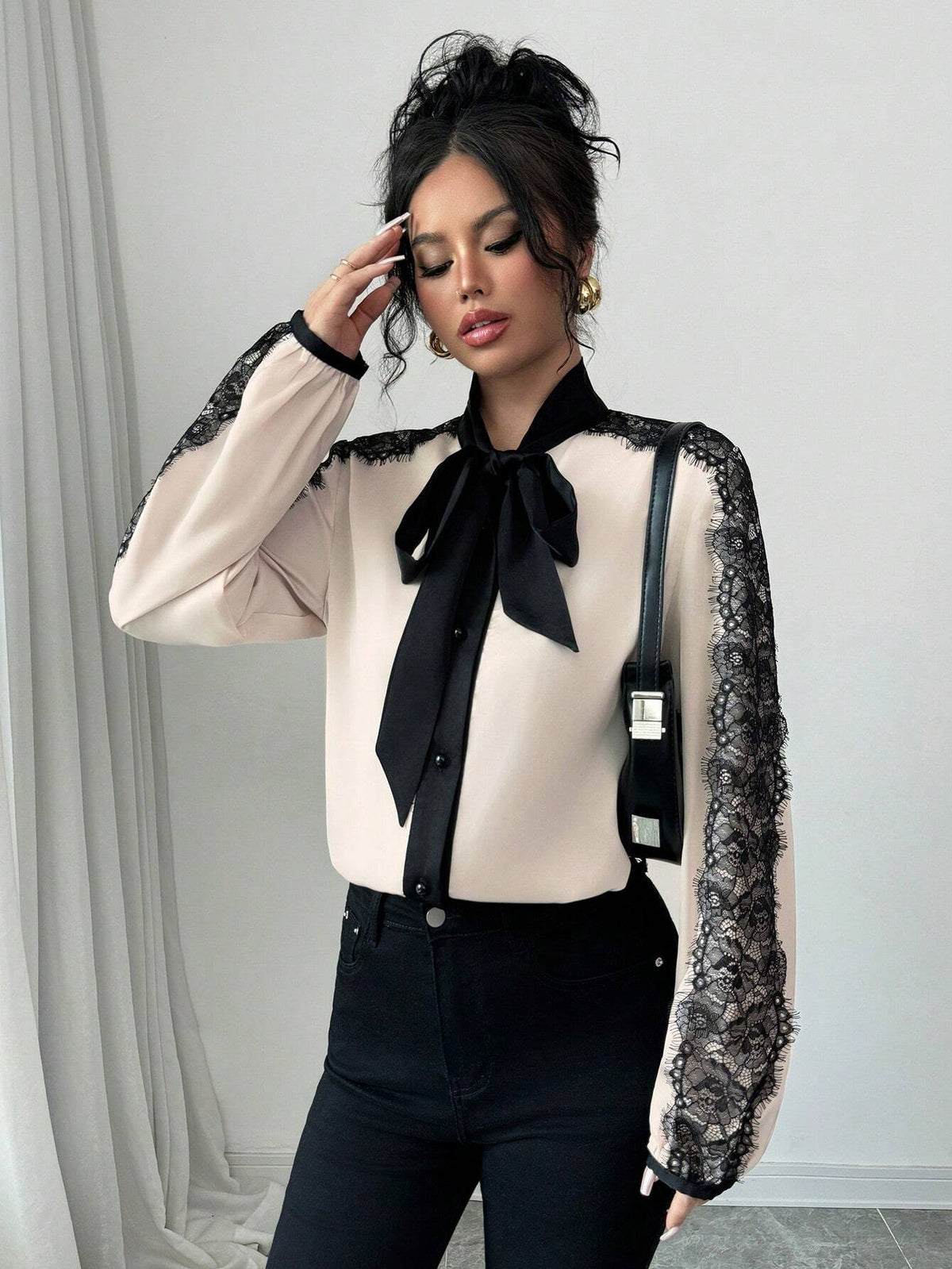 Elenzya Women's Elegant Colorblock Lace Trim Tie Neck Blouse For Autumn