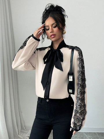 Elenzya Women's Elegant Colorblock Lace Trim Tie Neck Blouse For Autumn