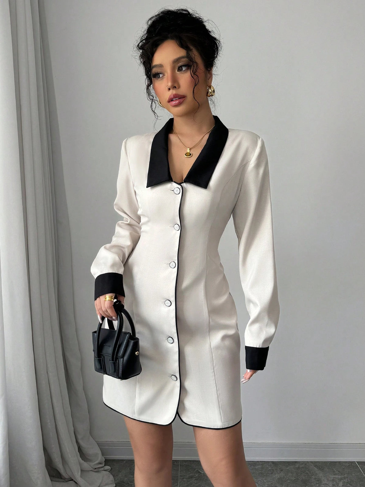 Women's Elegant Commuter Casual Dress With Contrast Collar, Button, Splice Detail, Bow Tie At Back