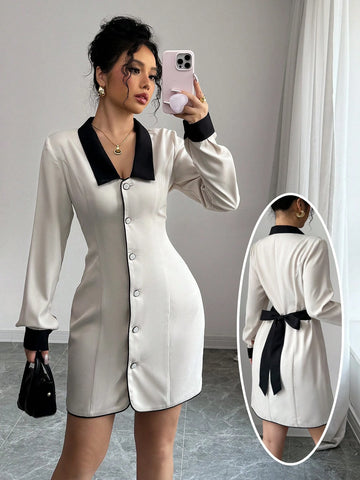 Women's Elegant Commuter Casual Dress With Contrast Collar, Button, Splice Detail, Bow Tie At Back