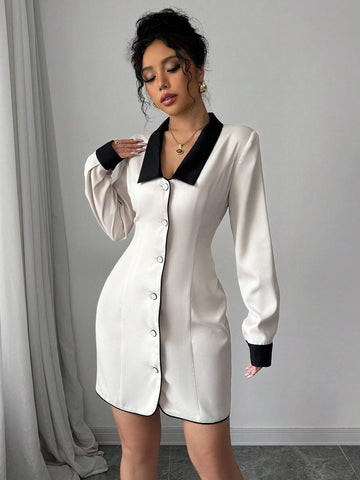 Women's Elegant Commuter Casual Dress With Contrast Collar, Button, Splice Detail, Bow Tie At Back