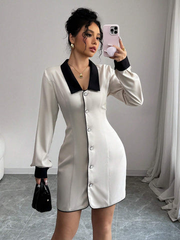 Women's Elegant Commuter Casual Dress With Contrast Collar, Button, Splice Detail, Bow Tie At Back