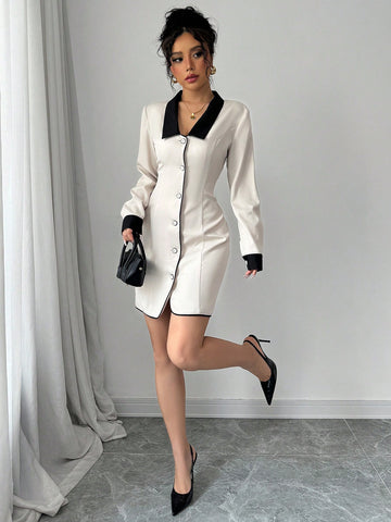 Women's Elegant Commuter Casual Dress With Contrast Collar, Button, Splice Detail, Bow Tie At Back