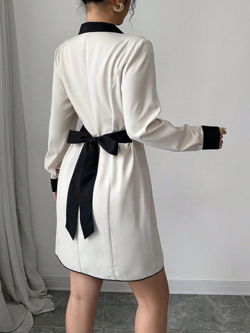Women's Elegant Commuter Casual Dress With Contrast Collar, Button, Splice Detail, Bow Tie At Back