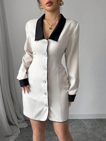 Women's Elegant Commuter Casual Dress With Contrast Collar, Button, Splice Detail, Bow Tie At Back