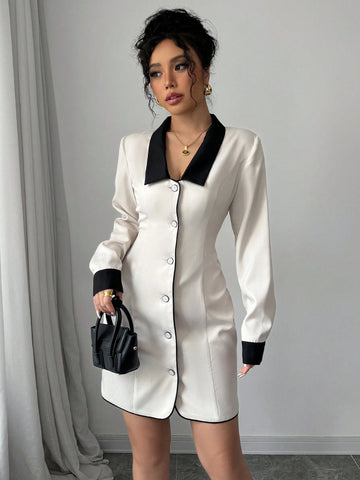 Women's Elegant Commuter Casual Dress With Contrast Collar, Button, Splice Detail, Bow Tie At Back