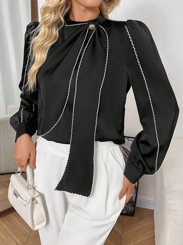 Women's Elegant Contrast Color Ruffle Trim Buttoned Long Sleeve Shirt