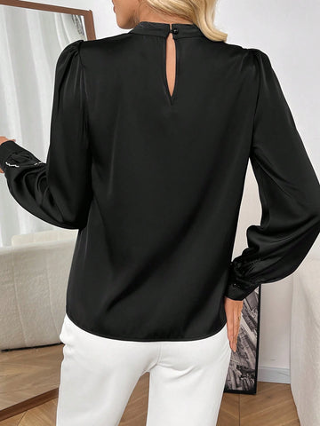 Women's Elegant Contrast Color Ruffle Trim Buttoned Long Sleeve Shirt