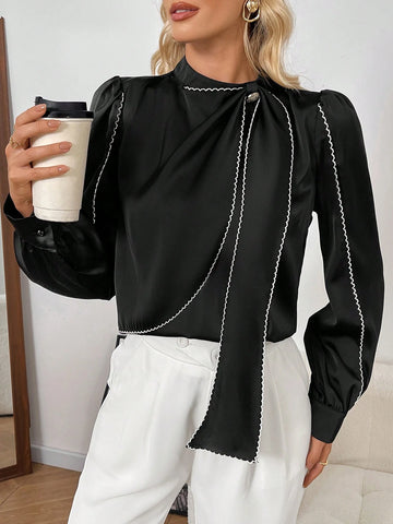 Women's Elegant Contrast Color Ruffle Trim Buttoned Long Sleeve Shirt