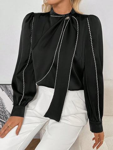 Women's Elegant Contrast Color Ruffle Trim Buttoned Long Sleeve Shirt
