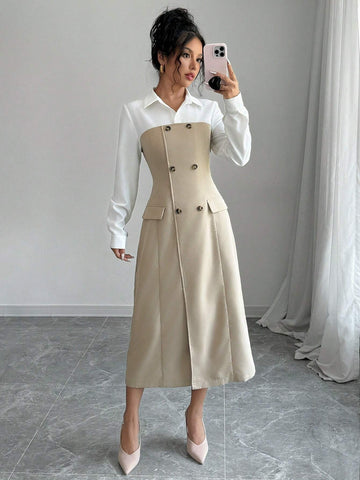 Women's Elegant Contrast Color Turndown Collar Double Breasted Long Sleeve Dress, Autumn
