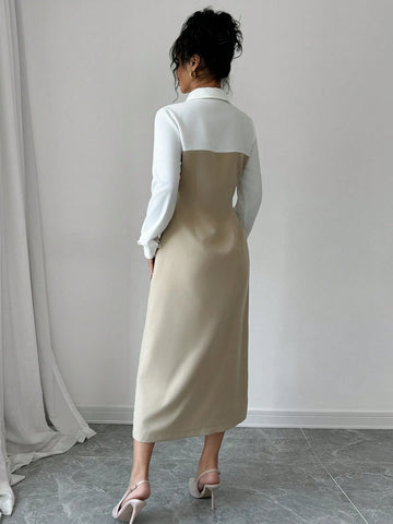 Women's Elegant Contrast Color Turndown Collar Double Breasted Long Sleeve Dress, Autumn