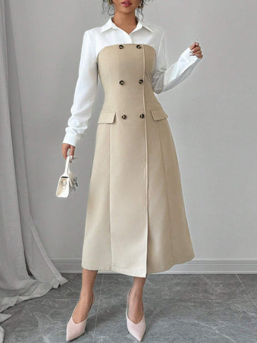 Women's Elegant Contrast Color Turndown Collar Double Breasted Long Sleeve Dress, Autumn
