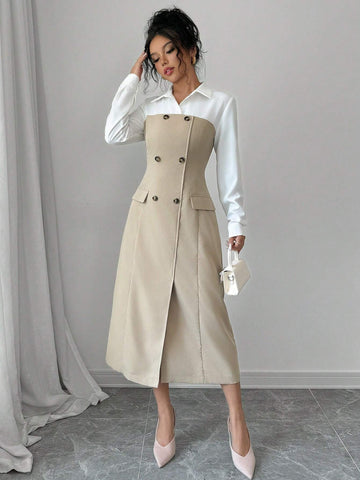 Women's Elegant Contrast Color Turndown Collar Double Breasted Long Sleeve Dress, Autumn