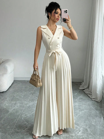 Women's Elegant Double-Breasted Pleated Jumpsuit, Apricot, Suitable For Spring And Autumn