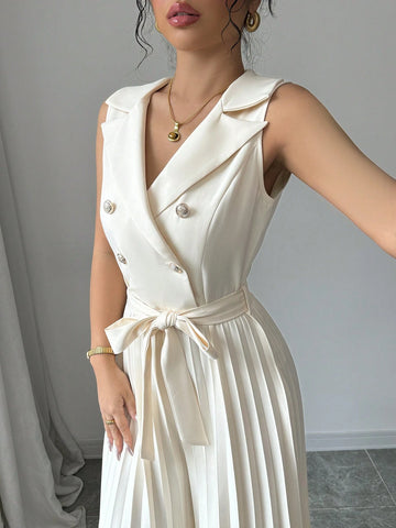Women's Elegant Double-Breasted Pleated Jumpsuit, Apricot, Suitable For Spring And Autumn