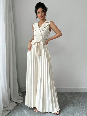 Women's Elegant Double-Breasted Pleated Jumpsuit, Apricot, Suitable For Spring And Autumn