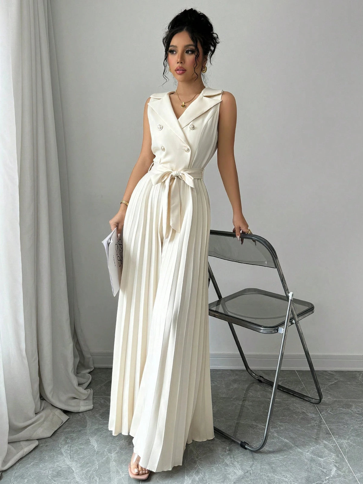 Women's Elegant Double-Breasted Pleated Jumpsuit, Apricot, Suitable For Spring And Autumn