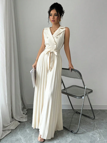 Women's Elegant Double-Breasted Pleated Jumpsuit, Apricot, Suitable For Spring And Autumn