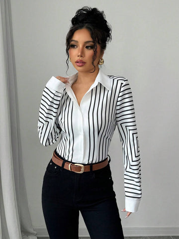 Elenzya Women's Elegant Fashion Commuting Long Sleeve Lapel Striped Print Shirt