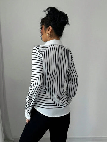 Elenzya Women's Elegant Fashion Commuting Long Sleeve Lapel Striped Print Shirt