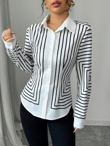 Elenzya Women's Elegant Fashion Commuting Long Sleeve Lapel Striped Print Shirt