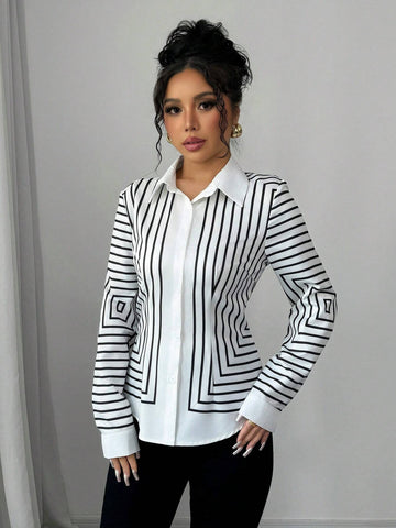 Elenzya Women's Elegant Fashion Commuting Long Sleeve Lapel Striped Print Shirt