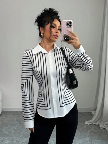 Elenzya Women's Elegant Fashion Commuting Long Sleeve Lapel Striped Print Shirt