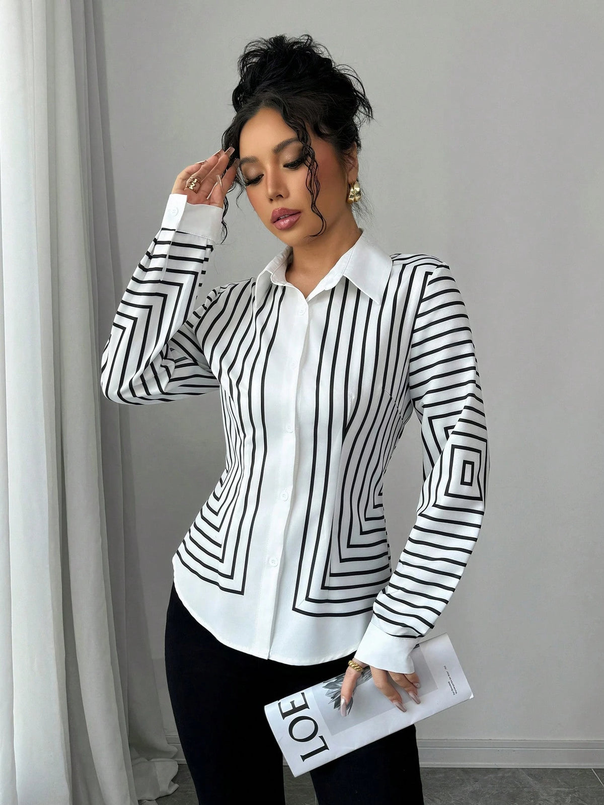 Elenzya Women's Elegant Fashion Commuting Long Sleeve Lapel Striped Print Shirt