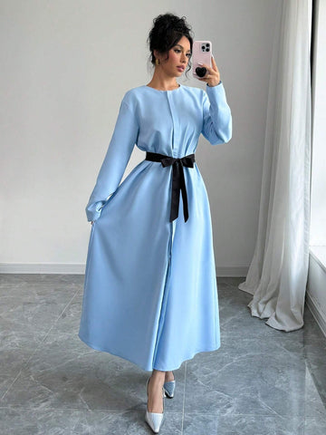 Women's Elegant Fashionable Commuting Casual Comfortable Long Sleeve Round Neck Open Front Waisted Black Dress With Bow Tie Belt