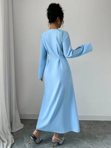 Women's Elegant Fashionable Commuting Casual Comfortable Long Sleeve Round Neck Open Front Waisted Black Dress With Bow Tie Belt