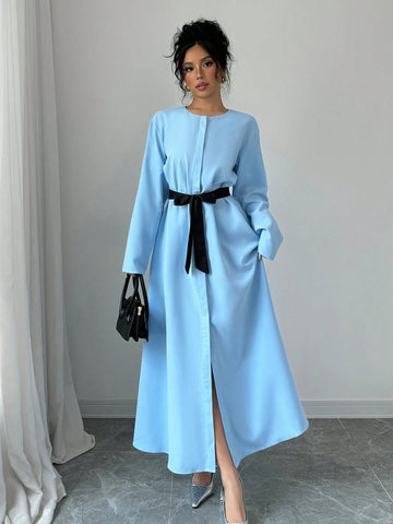 Women's Elegant Fashionable Commuting Casual Comfortable Long Sleeve Round Neck Open Front Waisted Black Dress With Bow Tie Belt