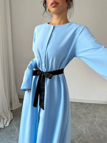 Women's Elegant Fashionable Commuting Casual Comfortable Long Sleeve Round Neck Open Front Waisted Black Dress With Bow Tie Belt