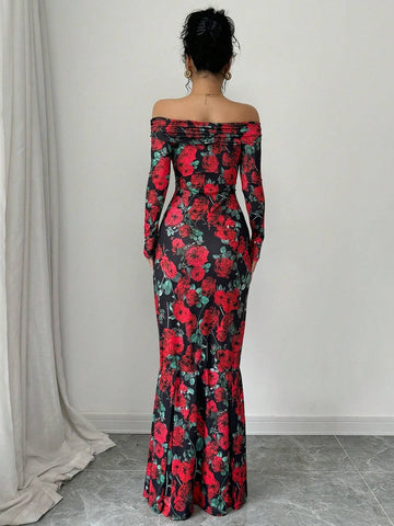 Women's Elegant Floral Print Open Shoulder Long Sleeve Mermaid Hem Dress, Suitable For Spring & Autumn