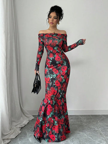 Women's Elegant Floral Print Open Shoulder Long Sleeve Mermaid Hem Dress, Suitable For Spring & Autumn