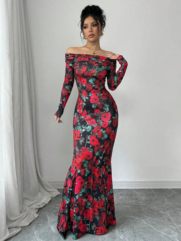 Women's Elegant Floral Print Open Shoulder Long Sleeve Mermaid Hem Dress, Suitable For Spring & Autumn