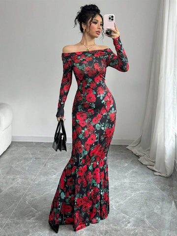 Women's Elegant Floral Print Open Shoulder Long Sleeve Mermaid Hem Dress, Suitable For Spring & Autumn