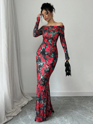 Women's Elegant Floral Print Open Shoulder Long Sleeve Mermaid Hem Dress, Suitable For Spring & Autumn