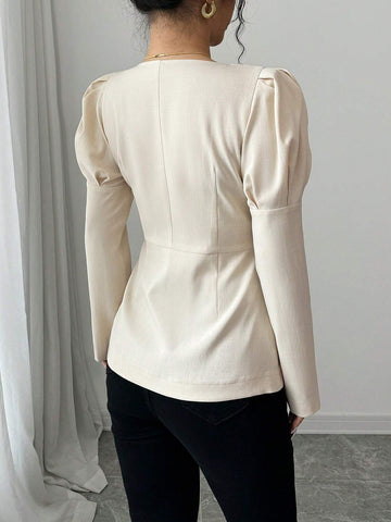 Women's Elegant Party & Work Solid Color Square Neck Button Up Puff Sleeve Fitted Long Sleeve Blouse, Spring/Autumn