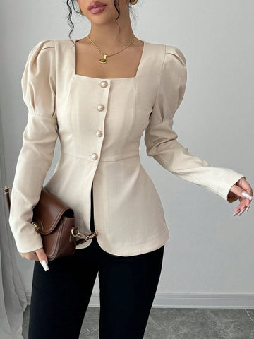 Women's Elegant Party & Work Solid Color Square Neck Button Up Puff Sleeve Fitted Long Sleeve Blouse, Spring/Autumn