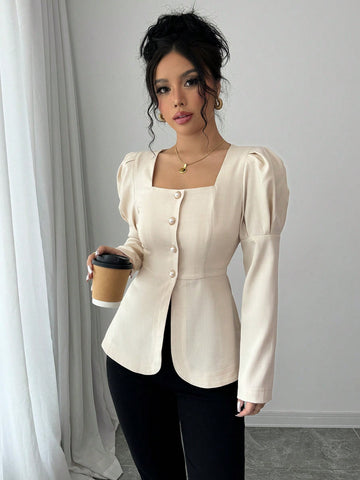 Women's Elegant Party & Work Solid Color Square Neck Button Up Puff Sleeve Fitted Long Sleeve Blouse, Spring/Autumn