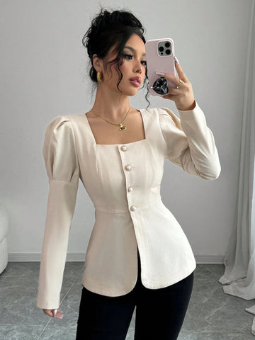 Women's Elegant Party & Work Solid Color Square Neck Button Up Puff Sleeve Fitted Long Sleeve Blouse, Spring/Autumn