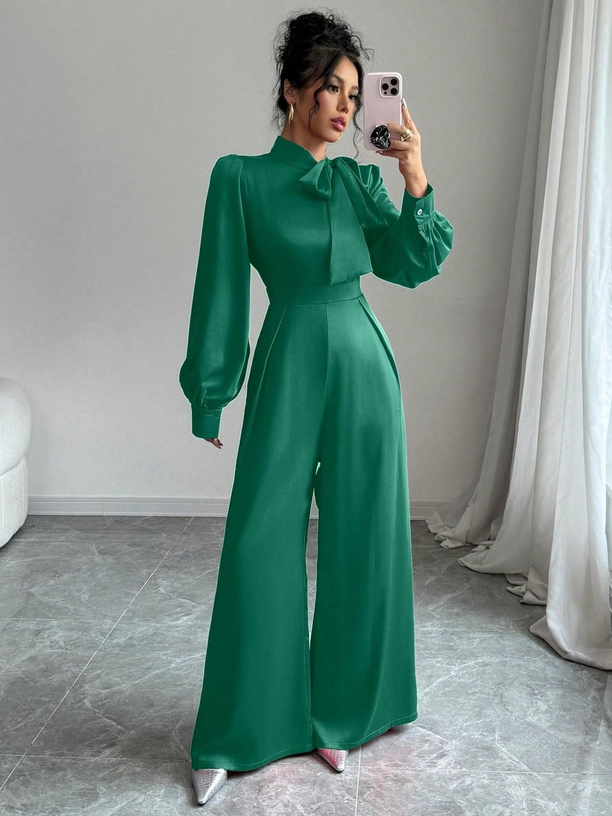 Women's Elegant Satin Long Sleeve Wide Leg Jumpsuit With Big Bow Design, Spring/Autumn