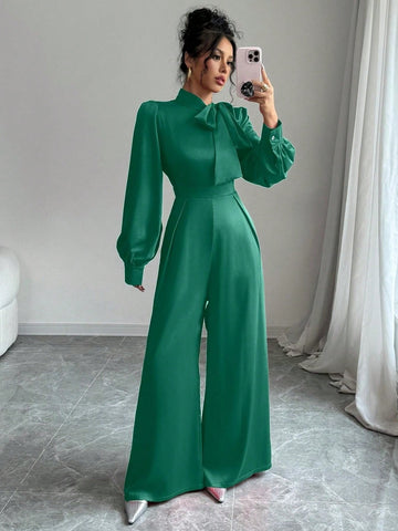 Women's Elegant Satin Long Sleeve Wide Leg Jumpsuit With Big Bow Design, Spring/Autumn