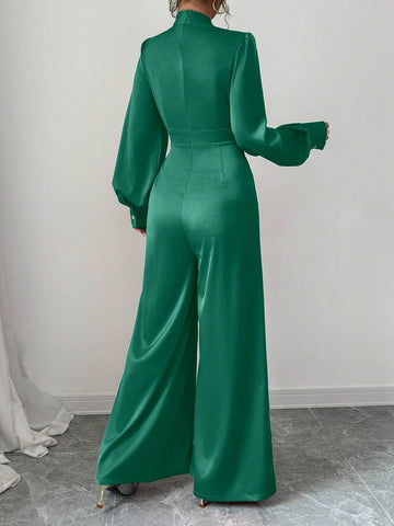 Women's Elegant Satin Long Sleeve Wide Leg Jumpsuit With Big Bow Design, Spring/Autumn