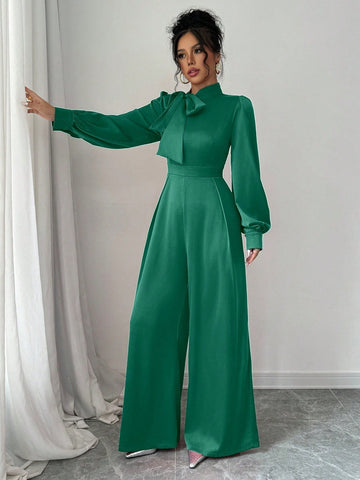 Women's Elegant Satin Long Sleeve Wide Leg Jumpsuit With Big Bow Design, Spring/Autumn