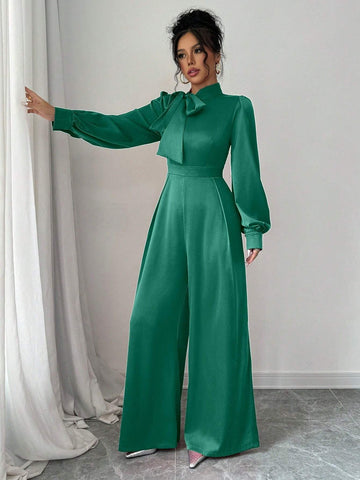Women's Elegant Satin Long Sleeve Wide Leg Jumpsuit With Big Bow Design, Spring/Autumn