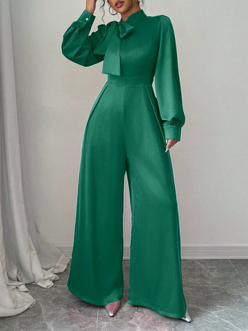Women's Elegant Satin Long Sleeve Wide Leg Jumpsuit With Big Bow Design, Spring/Autumn