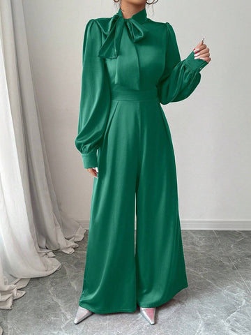 Women's Elegant Satin Long Sleeve Wide Leg Jumpsuit With Big Bow Design, Spring/Autumn